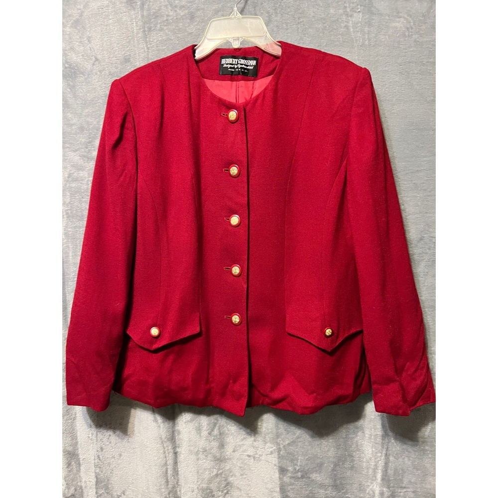 Herbert‎ Grossman Wool Blazer Sz 16 Red Gold Button Jacket Made in USA Vintage
